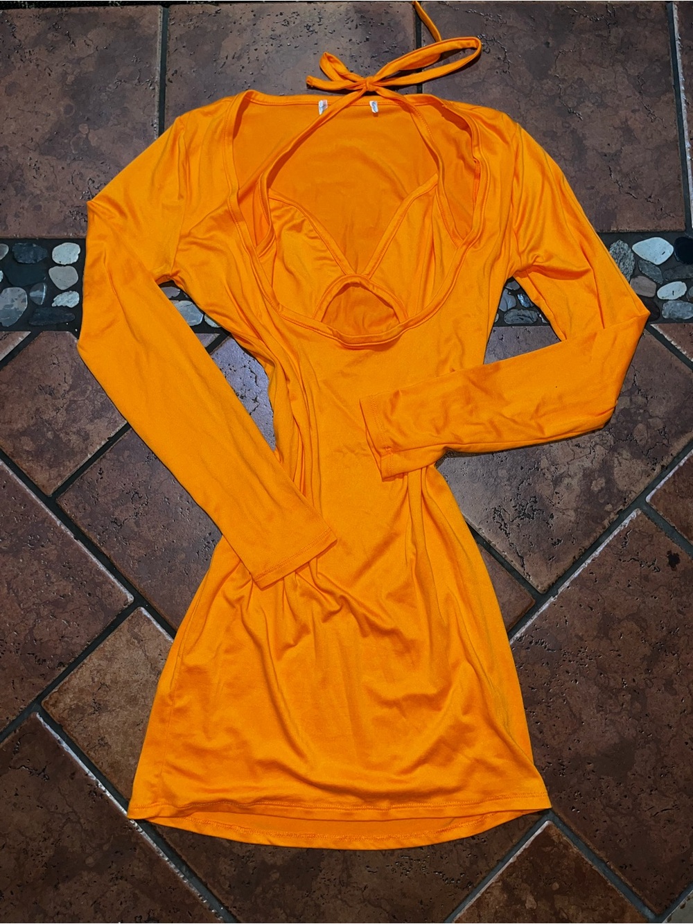 Women’s Orange Long-Sleeve Halter-Back Dress